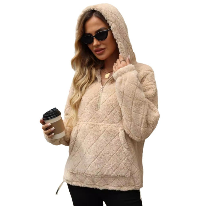 Damen Flauschiger Hoodie mit Stehkragen und Kängurutasche Drune