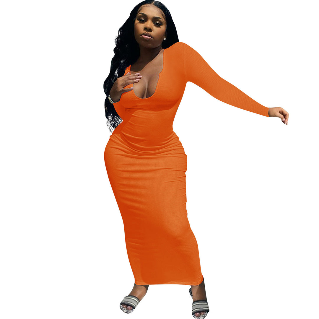 Damen Figurbetontes Rippenstrick-Maxikleid mit tiefem U-Ausschnitt und langen Ärmeln Drune