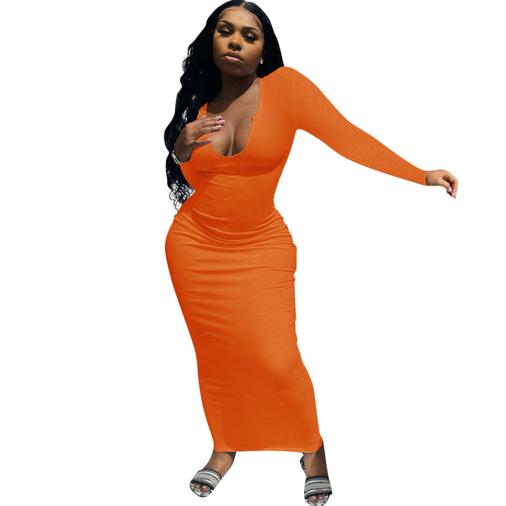 Damen Figurbetontes Rippenstrick-Maxikleid mit tiefem U-Ausschnitt und langen Ärmeln Drune