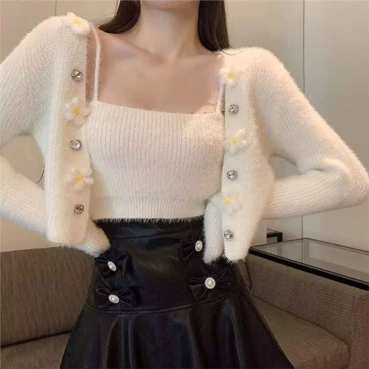 Damen modisches Strick-Top mit floralem Design und dazu passender offener Strickjacke Drune