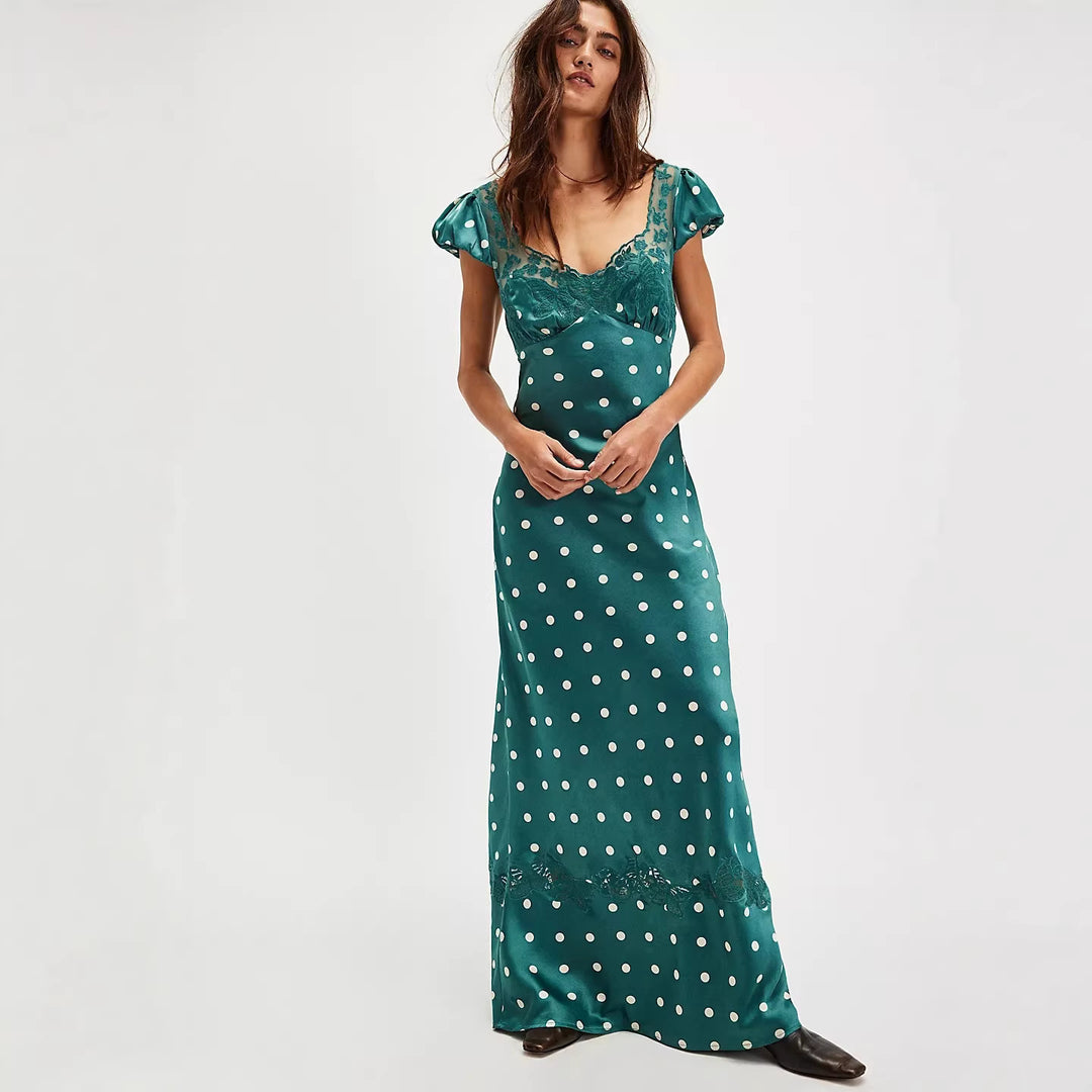 Damen Elegantes Maxikleid mit Polka-Dots und romantischem Rückenausschnitt Drune