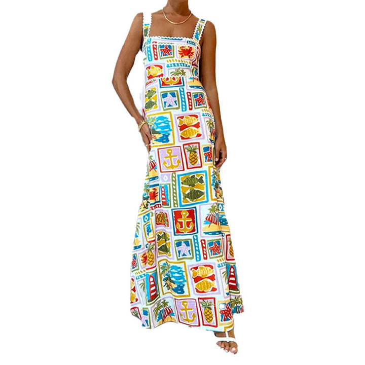 Damen Verspieltes Maxikleid mit buntem Print und schmalen Trägern Drune