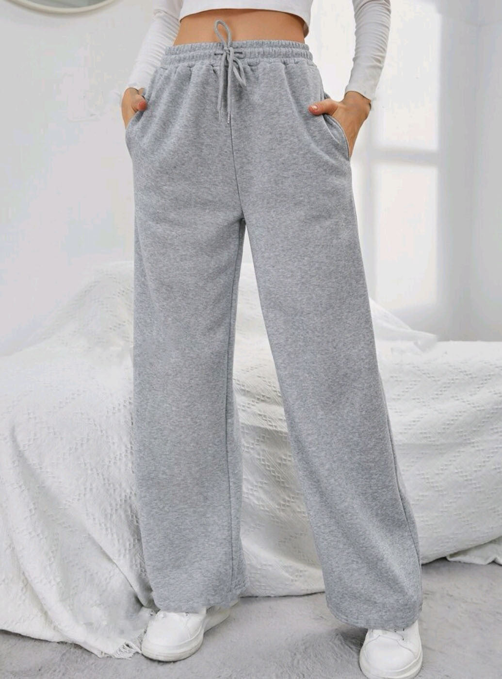 Damen nan High‑Waist Wide‑Leg Jogginghose mit elastischem Komfortbund, Kordelzug und tiefen Eingrifftaschen Drune