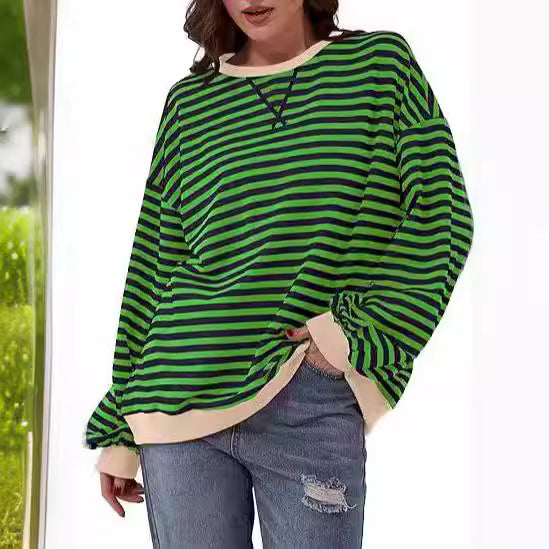 Damen Gestreifter Oversize Pullover mit Kontrastbündchen Drune