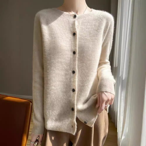 Damen Kurzgeschnittener Feinstrick-Cardigan mit Rundhalsausschnitt und schimmernder Knopfleiste Drune
