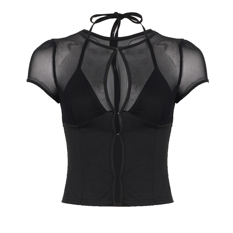 Damen Sportliches Mesh-Oberteil mit verstellbarem Bindedetail Drune