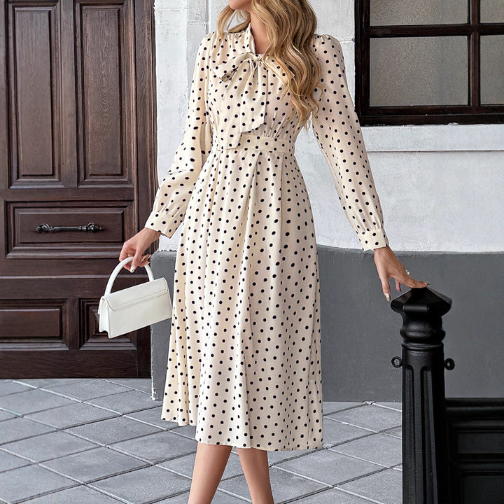 Damen Midi Kleid mit Schleifenkragen und Punkten Drune