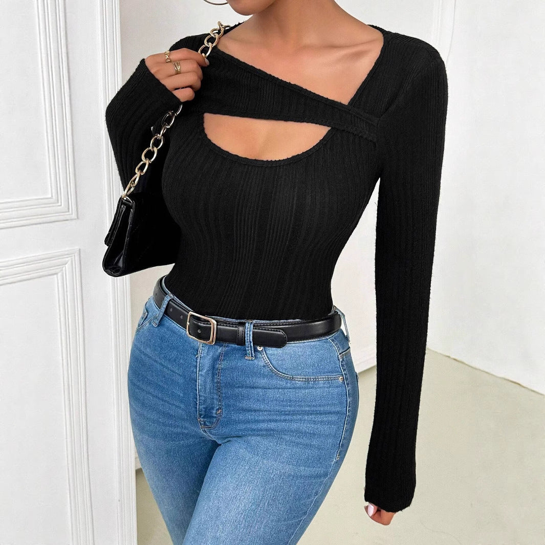 Damen nan figurbetontes langärmeliges Rippstricktop mit Schlüsselloch und asymmetrischem Ausschnitt Drune