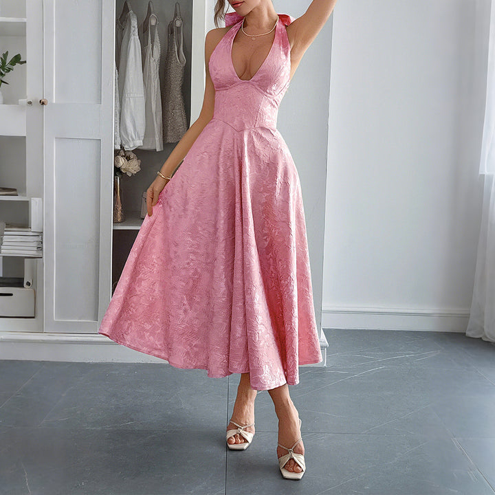 Damen Elegantes Midikleid mit tiefem V-Ausschnitt und fließendem Rock Drune