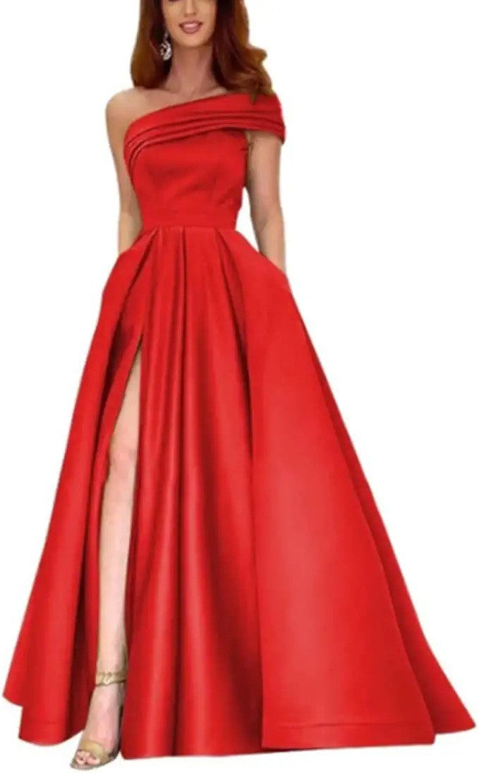 Damen Elegantes Maxikleid mit asymmetrischem Ausschnitt und hohem Beinschlitz Drune