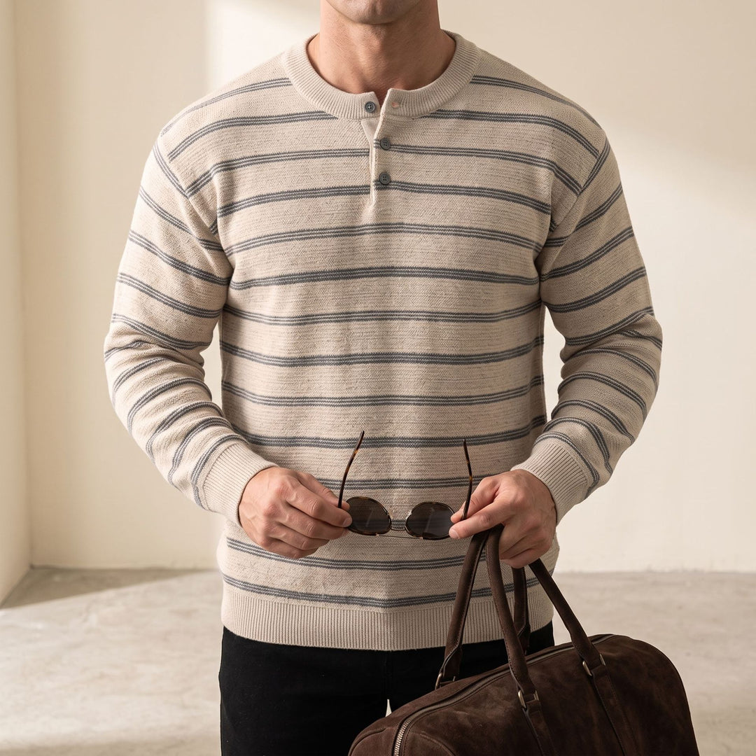 Herren Henley‑Strickpullover mit feiner Struktur und horizontalen Streifen Drune