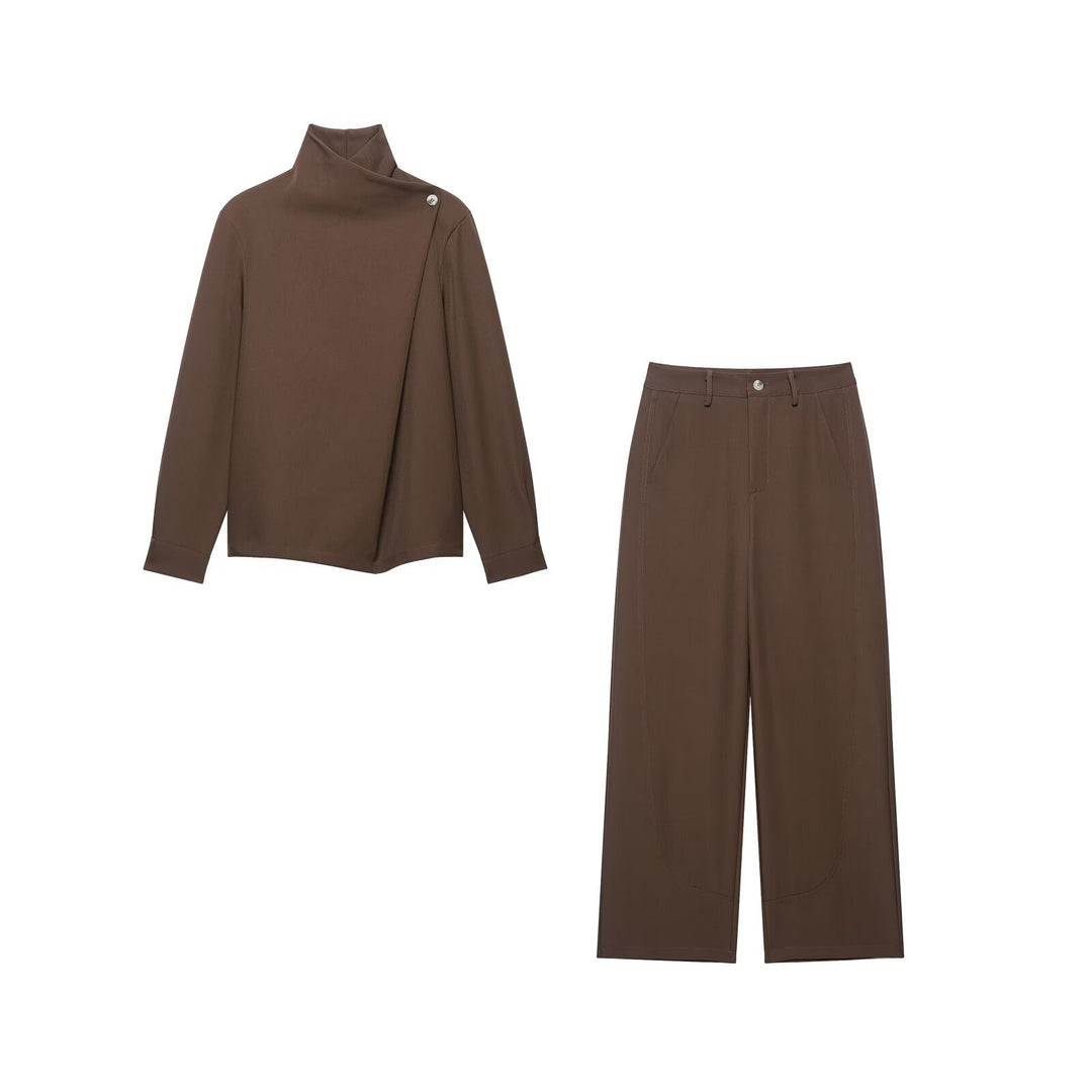 Damen Zweiteiliges Set aus asymmetrischer Rollkragenbluse und weiter Culottehose Drune