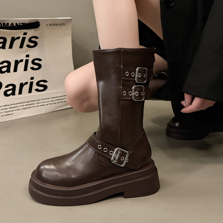 Damen Modische Overkneestiefel mit Schnallen- und Blockabsatz Drune