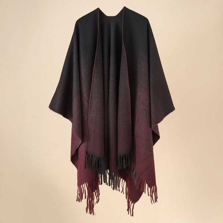 Damen Fransen‑Cape aus Wollmix mit offenem Fall und reversiblem Jacquard Drune