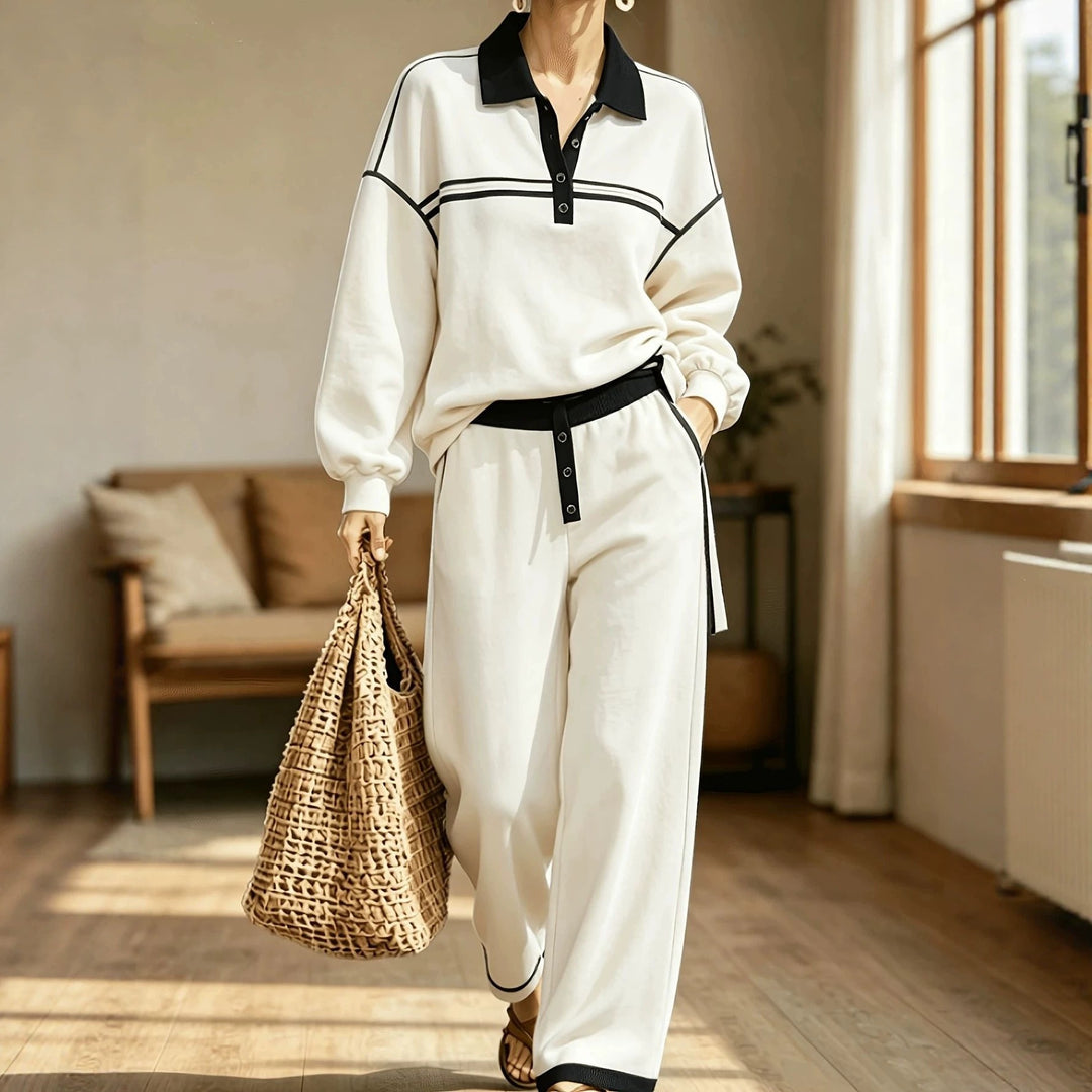 Damen Lounge-Set aus weichem Jersey mit Polokragen, Kontraststreifen und weiter Jogpant Drune