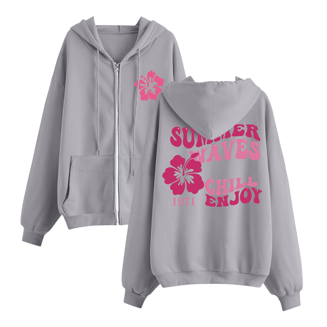 Damen nan entspannter Zip-Hoodie mit tropischem Hibiskus-Print, Kängurutaschen und gerippten Bündchen Drune
