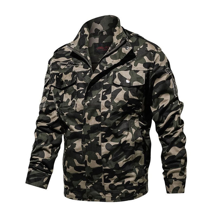 Herren Camouflage Fieldjacke mit Multifunktionstaschen und hohem Stehkragen Drune