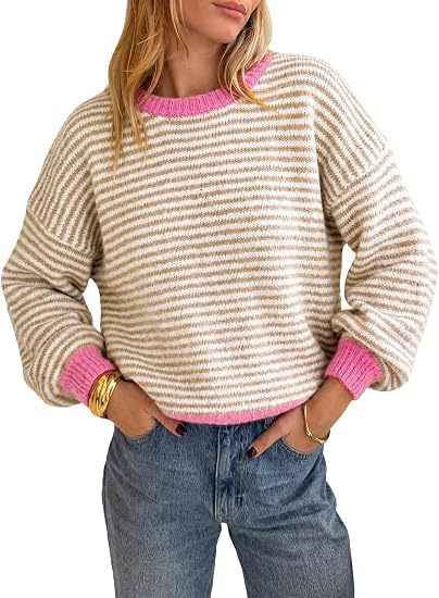 Damen Gestreifter Rippstrick-Pullover mit Kontrast-Bündchen Drune