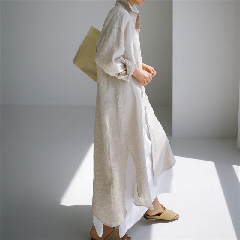 Damen Langes Leinen‑Hemdkleid mit kastiger Oversize‑Silhouette und Seitenschlitzen Drune