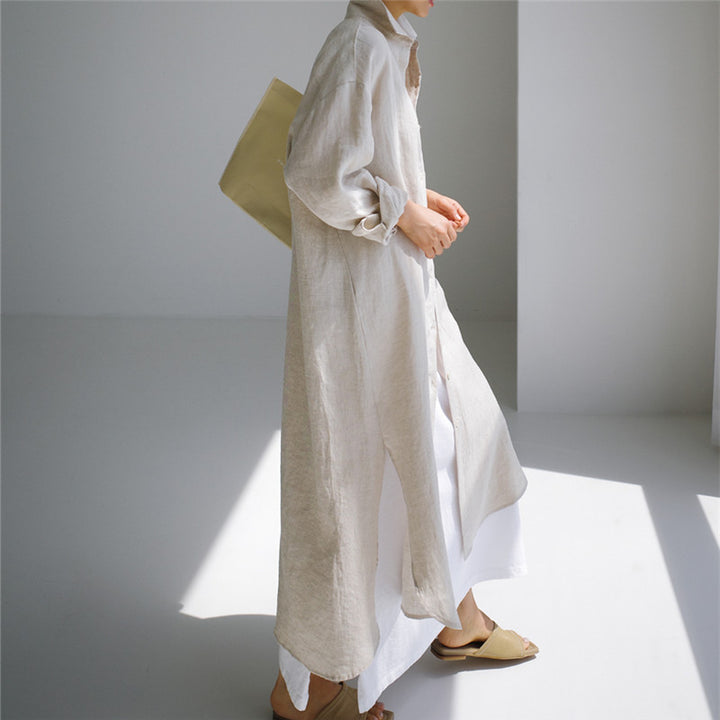 Damen Langes Leinen‑Hemdkleid mit kastiger Oversize‑Silhouette und Seitenschlitzen Drune