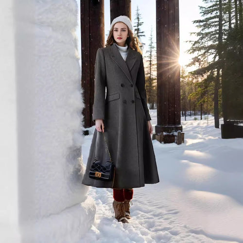 Damen eleganter Maximantel mit doppelter Knopfreihe und weit schwingendem Rock Drune