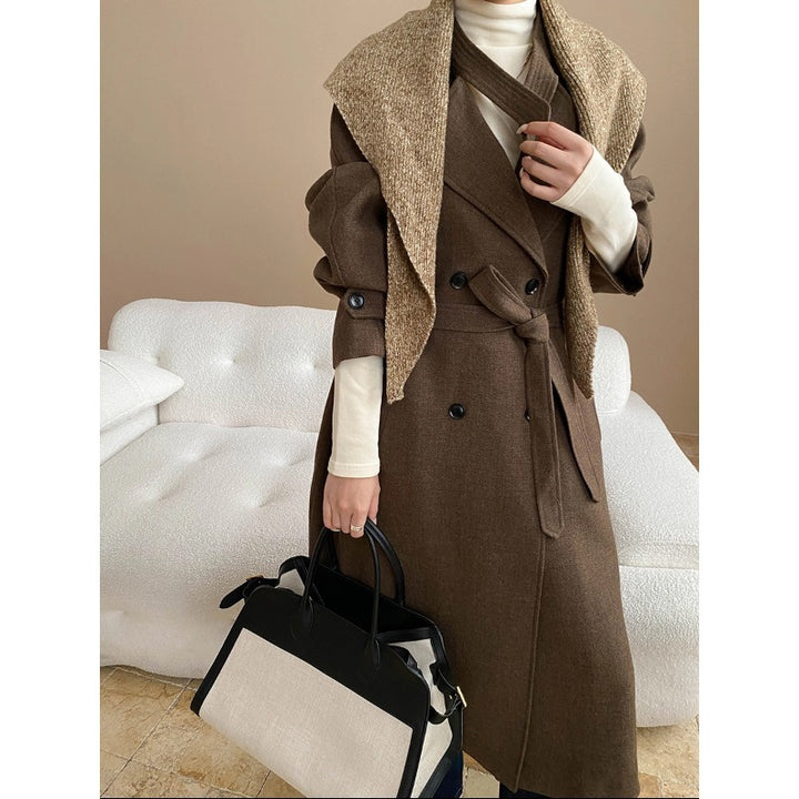 Damen eleganter langer Mantel mit abnehmbarem Kragen und Taschen Drune