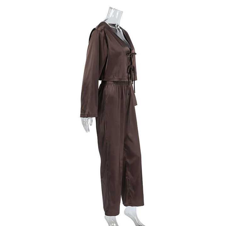 Damen elegantes Satin-Hose-Set mit tiefem V-Ausschnitt und Kordelzug Drune