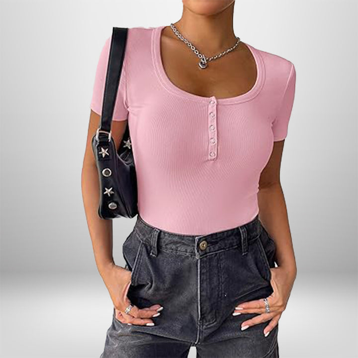 Damen Kurzarm Bodysuit mit Knopfdetails und figurbetonter Silhouette Drune