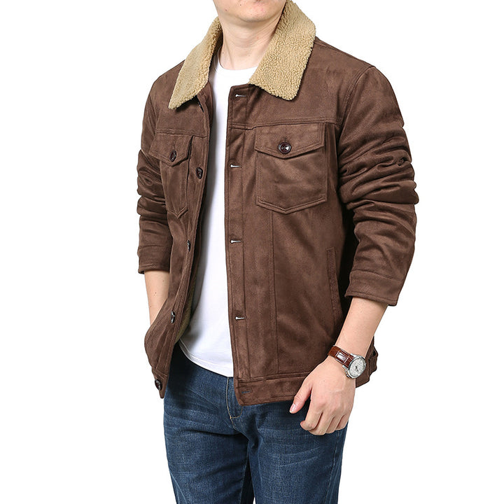 Herren Velourslederoptik Hemdjacke im Trucker‑Stil mit Teddykragen & Pattentaschen Drune