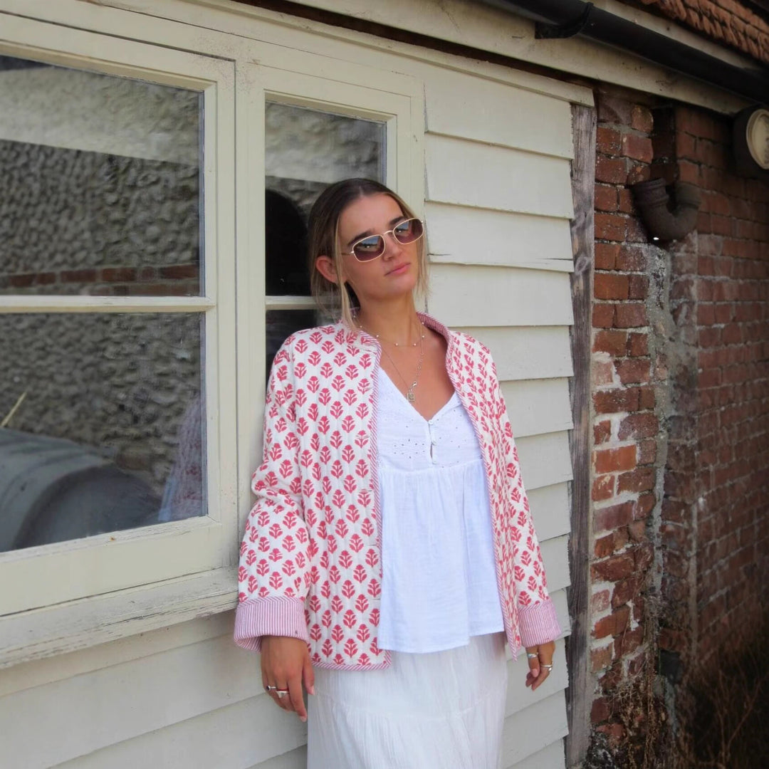 Damen Leichte bedruckte Baumwolljacke mit Stehkragen und gestreiften Manschetten Drune