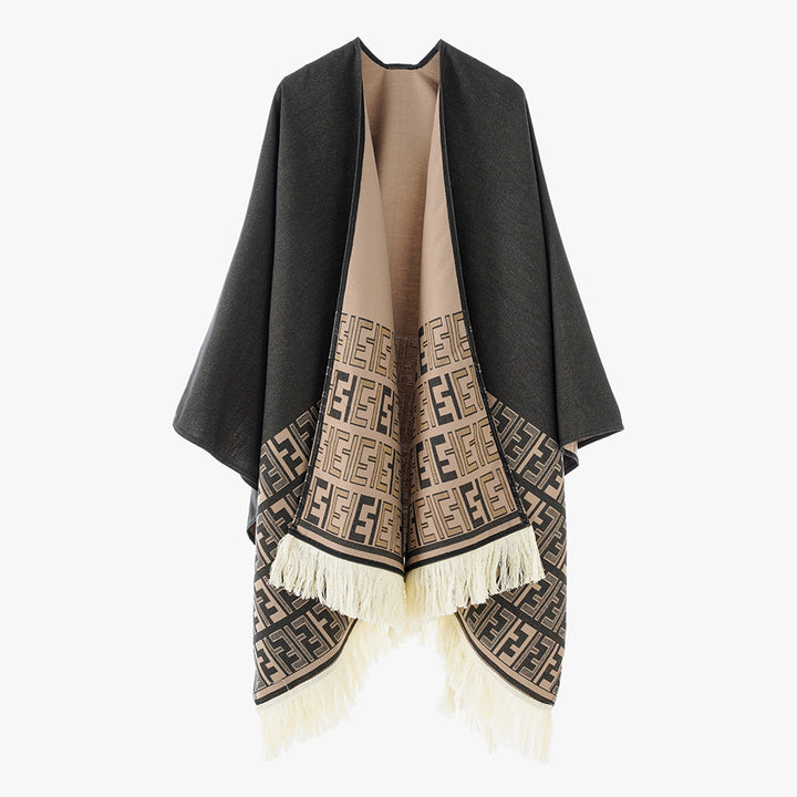 Damen Reversibler Capeponcho mit Monogramm‑Bordüre und Fransensaum Drune