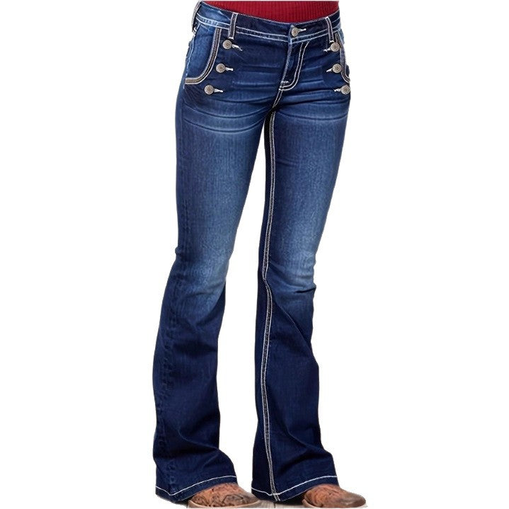 Damen Hochtaillierte Flared-Jeans mit dekorativen Metallknöpfen und Kontraststeppung Drune