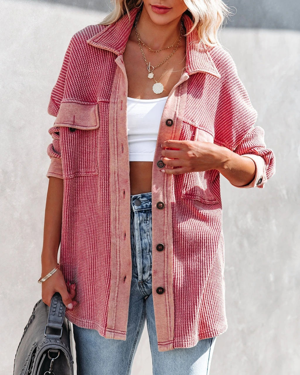 Damen lässige Overshirtjacke mit strukturiertem Design und praktischen Taschen Drune