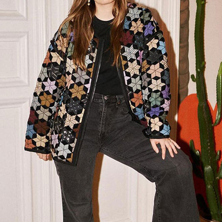 Damen Übergangsjacke mit buntem geometrischem Muster und praktischen Taschen Drune