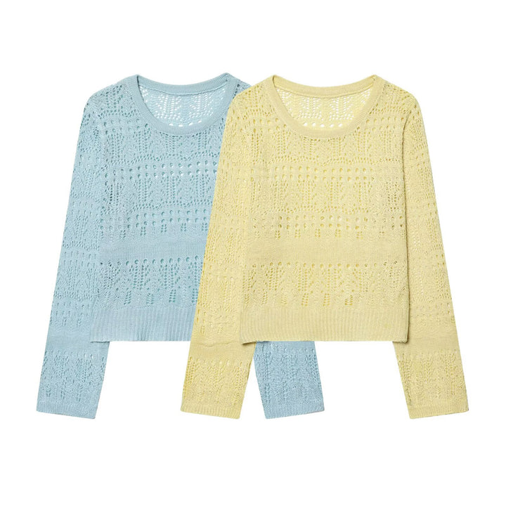 Damen Feinstrick-Openwork-Pullover mit Rundhalsausschnitt und filigranem Lochmuster Drune
