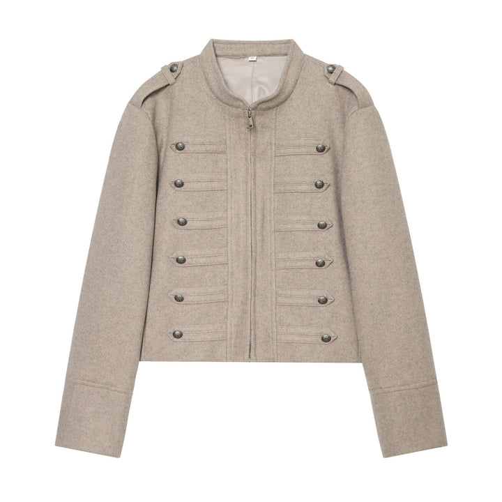 Damen nan militärisch inspirierte Wolljacke mit Stehkragen, Zierknopfleiste und Schulterklappen Drune