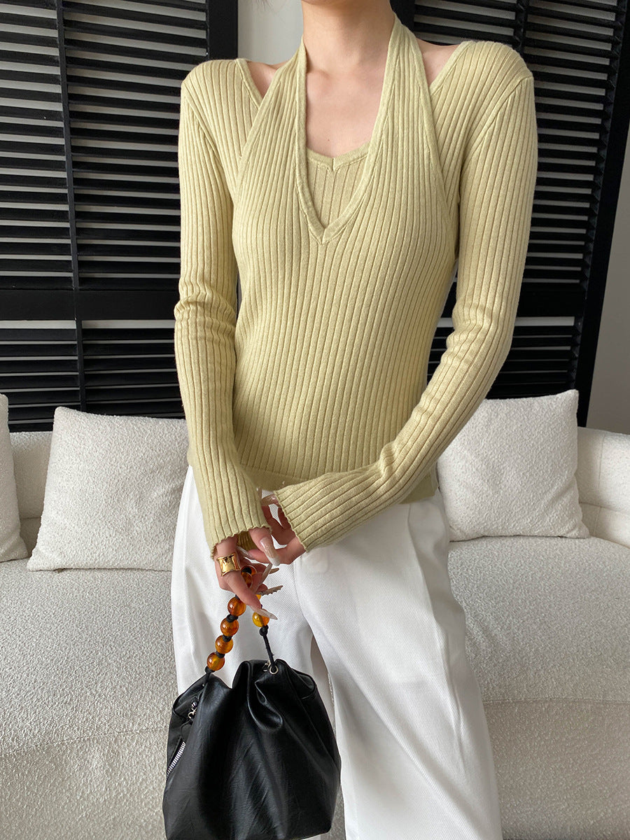 Damen eleganter V-Ausschnitt Strickpullover mit stylischen Cut-Outs Drune