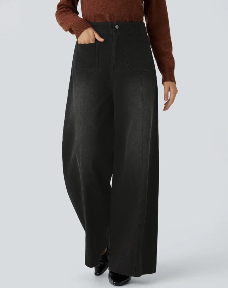 Damen nan hochgeschnittene Jeans-Palazzohose mit weitem Bein und aufgesetzten Fronttaschen Drune