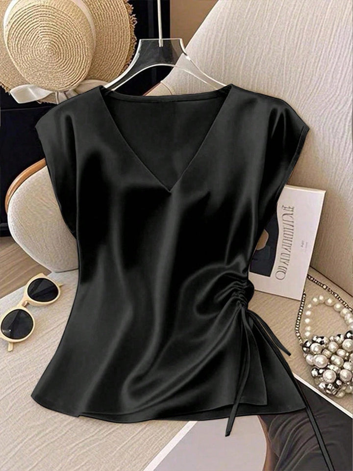 Damen Satinbluse mit seitlichem Kordelzug und V-Ausschnitt Drune