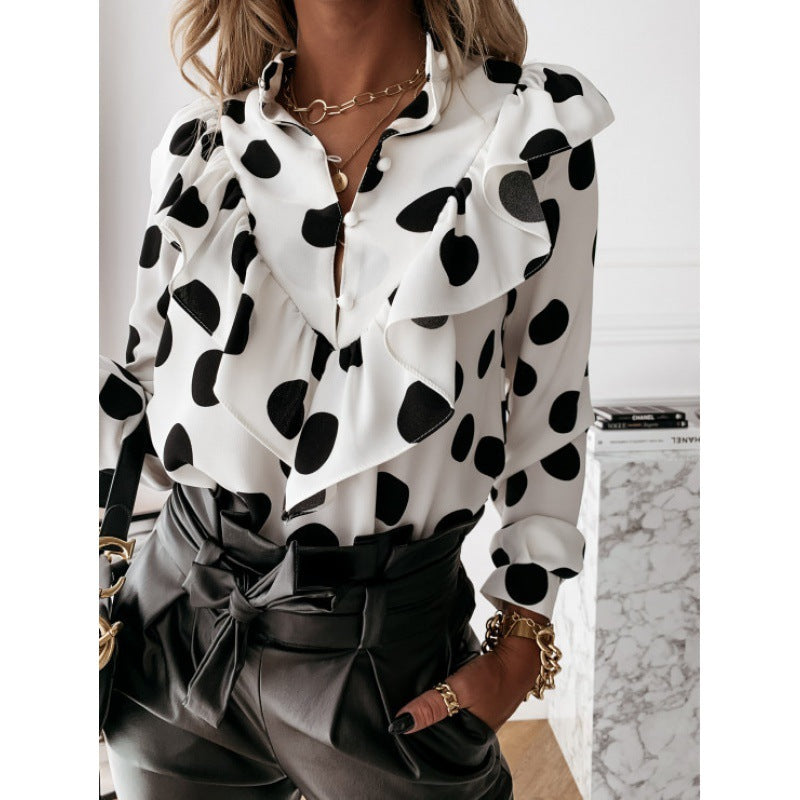 Damen Volantbluse mit Rüschenkragen, geraffter Taille und Tupfenprint Drune