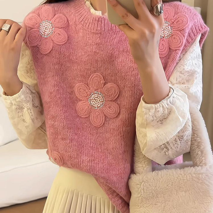 Damen Strickpullover mit floralen 3D-Applikationen Drune