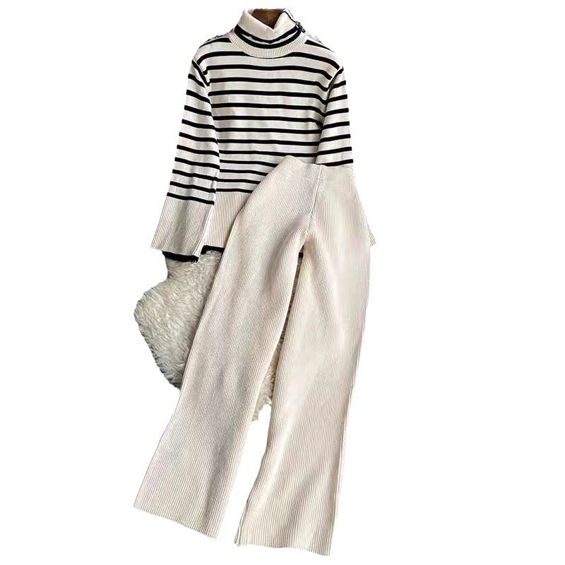 Damen elegantes gestreiftes Strickensemble mit hohem Kragen und weitem Bein Drune