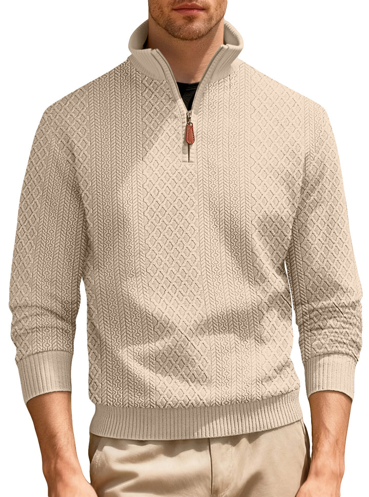 Herren nan feinstrukturierter Halbzip-Pullover im Jacquard-Relief mit hohem Stehkragen und Leder-Zipper Drune