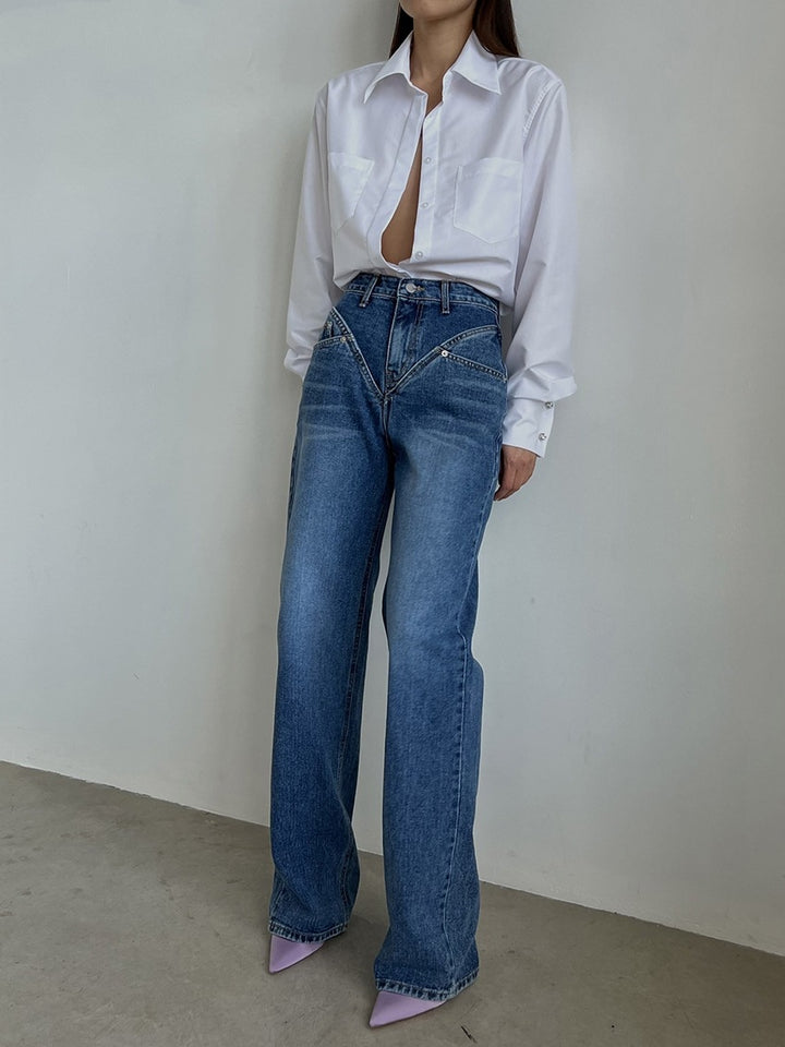 Damen nan hochgeschnittene weite Denim-Hose mit V-förmiger Bundnaht und extra-langem Bein Drune
