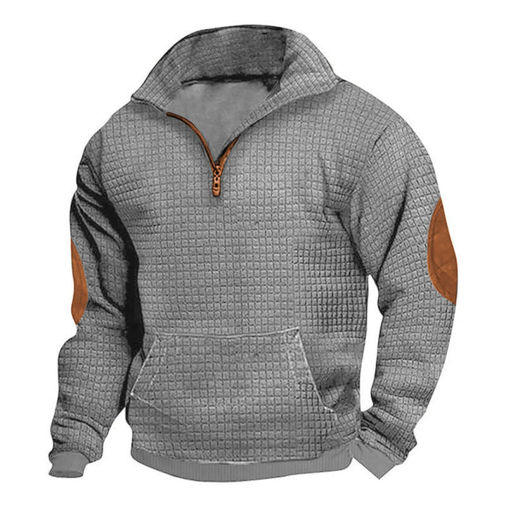Herren nan strukturiertes Freizeit-Pullover mit kurzem Reißverschluss, Kängurutasche und Ellenbogen-Lederbesatz Drune