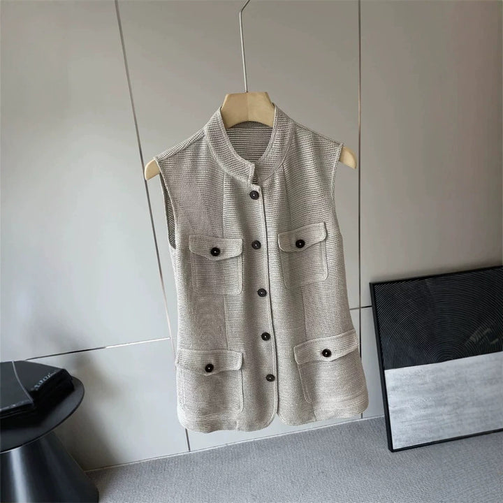 Damen Modische ärmellose Weste mit Taschen Drune