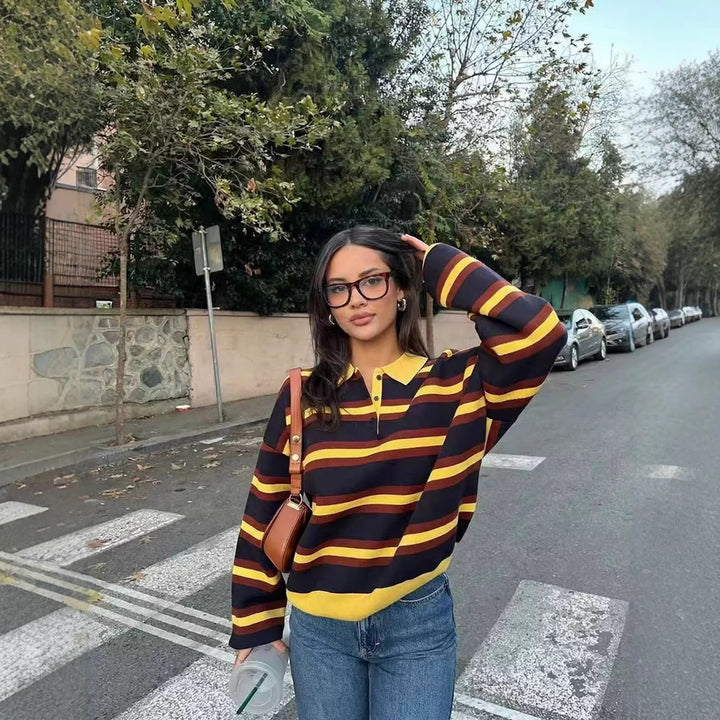 Damen Gestreifter Rugby-Pullover mit Polokragen und Knopfleiste Drune