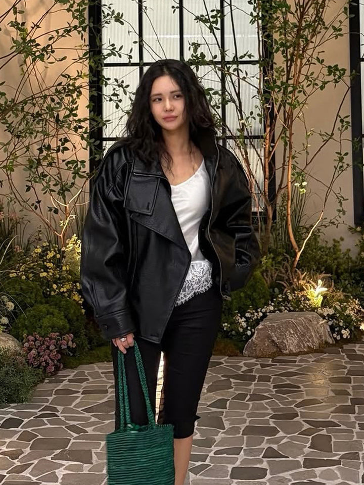 Damen Boxy-Lederimitat-Blouson mit strukturierter Narbung, doppelreihiger Knopfleiste & elastischem Saum Drune