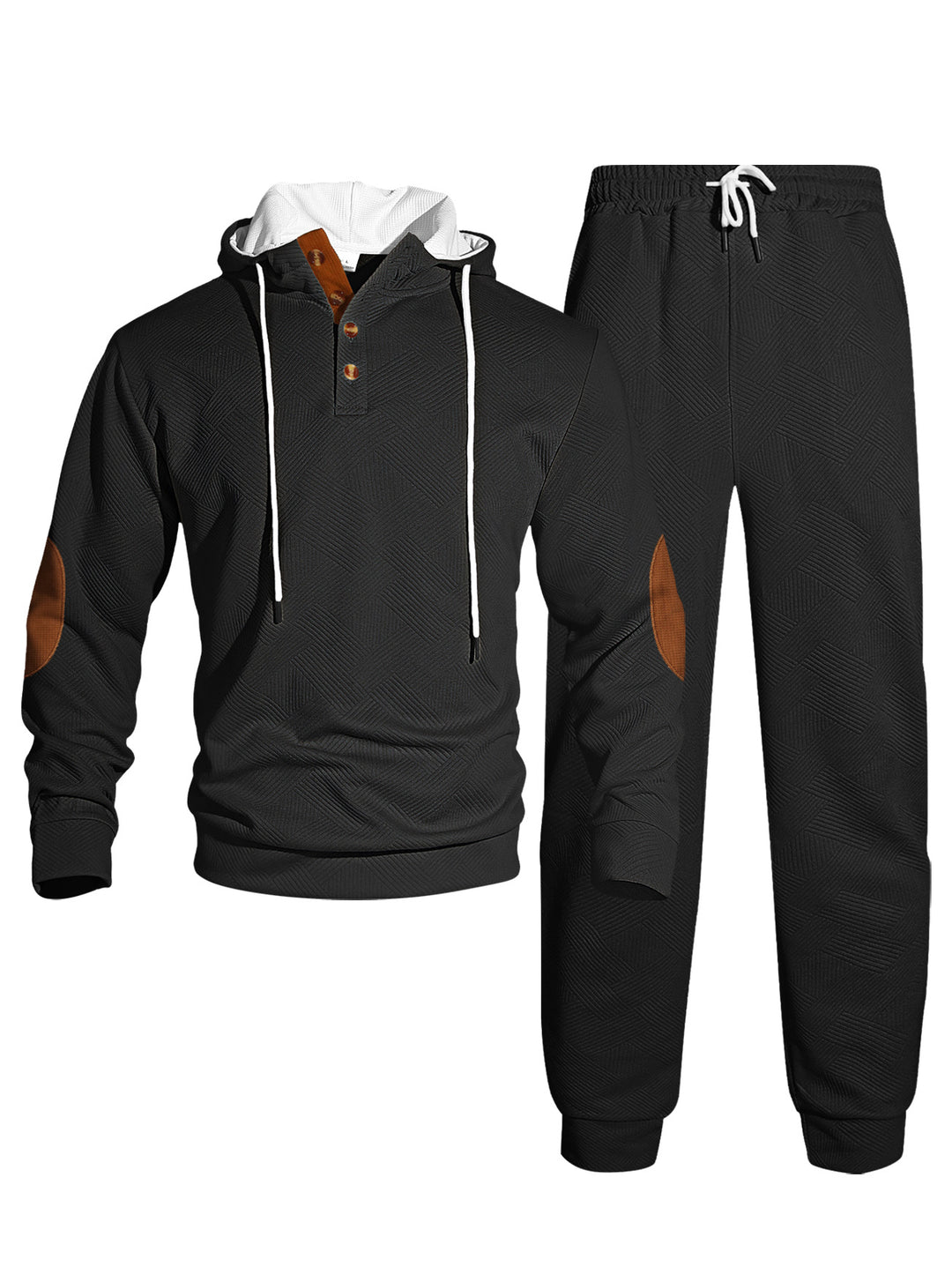 Herren nan Waffelstruktur Henley-Kapuzen-Set mit Holzknopfleiste Ellbogen-Patches und konischer Jogginghose Drune
