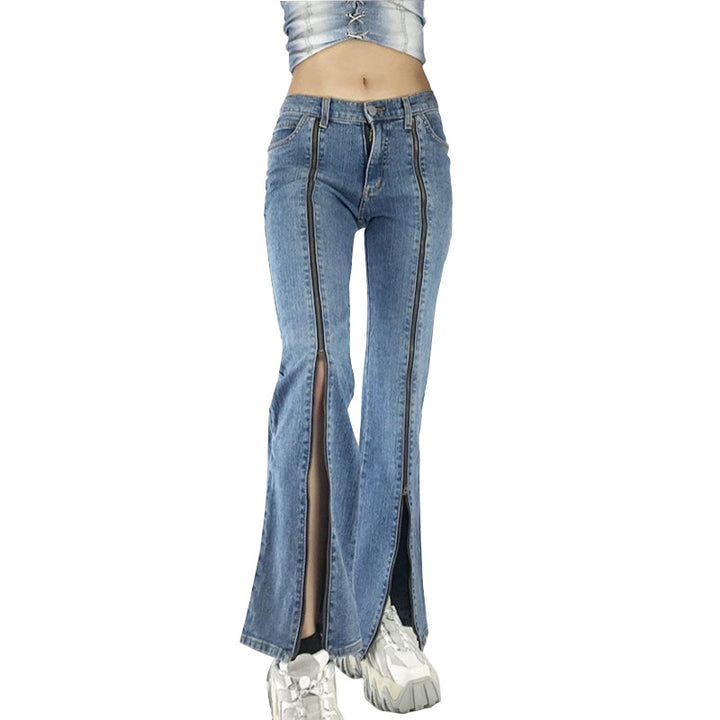 Damen nan Jeanshose mit durchgehenden Front-Reißverschlüssen, hoher vorderer Beinöffnung und ausgestelltem Schlag Drune